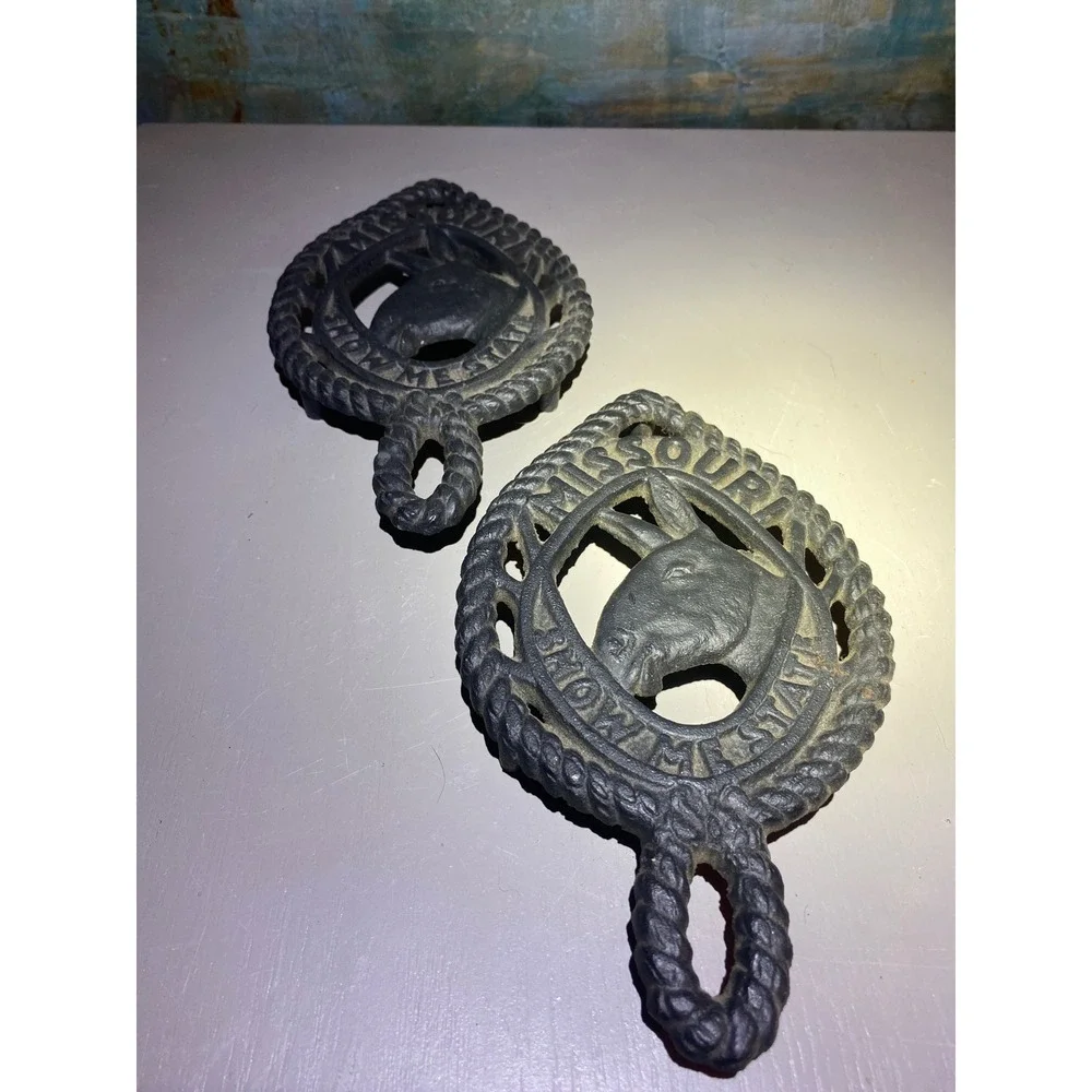 Vintage Missouri Show Me State Mule Cast Iron‎ Trivet Set of 2 Black Rope Border